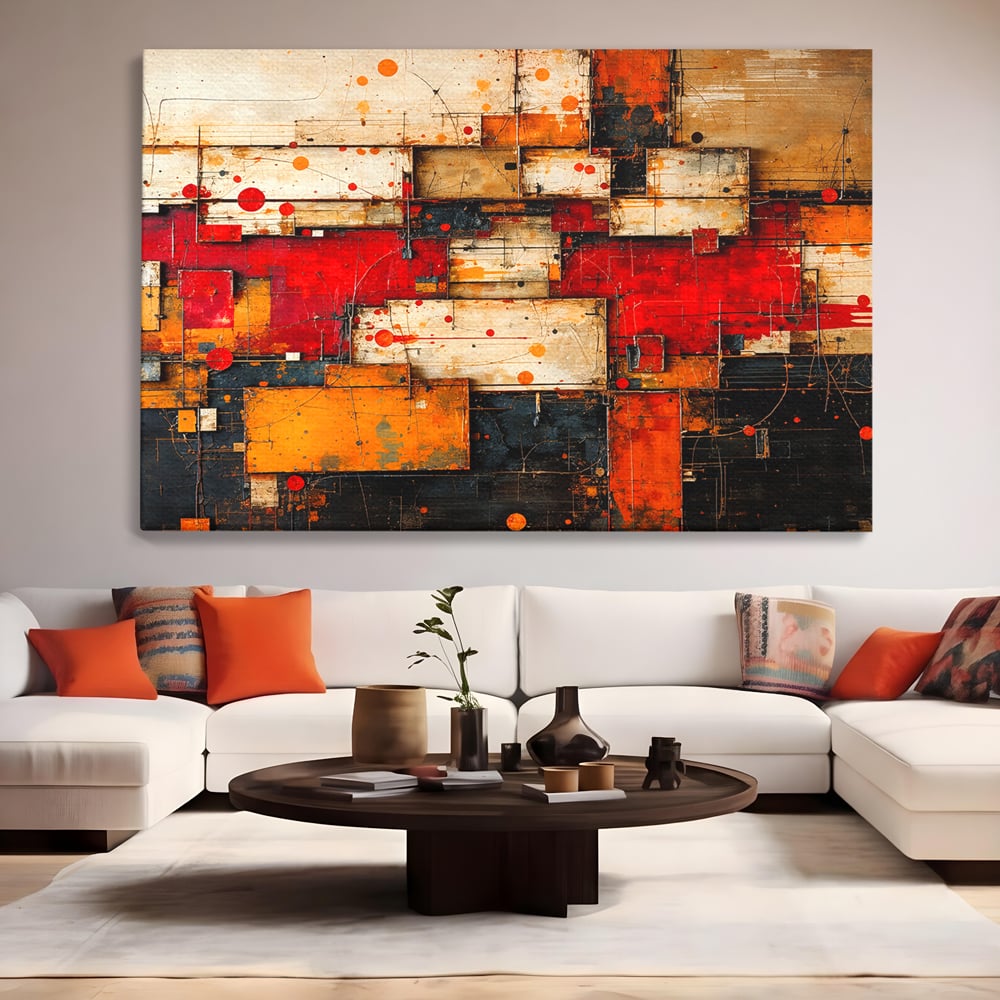Tablou canvas cu tablou canvas abstract geometric rosu, fara rama, pe sasiu de lemn, pe perete intr-un living